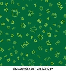 Set line Pumpkin, USA label and Cactus on seamless pattern. Vector