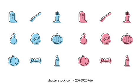 Set line Pumpkin, Vampire teeth, Ghost, Burning candle, Skull, Bomb ready to explode and Witches broom icon. Vector