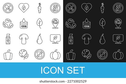Set line Pumpkin, Vegan food diet, Carrot, Organic cosmetic, Leaf or leaves, No meat and  icon. Vector