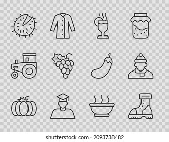 Set line Pumpkin, Waterproof rubber boot, Mulled wine, Graduate and graduation cap, Chestnut, Grape fruit, Bowl hot soup and Autumn clothes icon. Vector