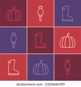 Set line Pumpkin, Waterproof rubber boot and Opium poppy icon. Vector