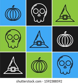 Set line Pumpkin , Witch hat  and Skull  icon. Vector