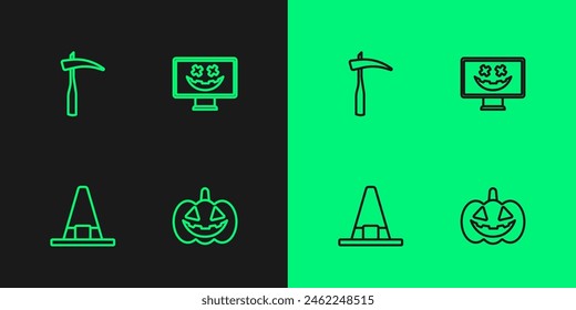 Set line Pumpkin, Witch hat, Scythe and Happy Halloween holiday icon. Vector