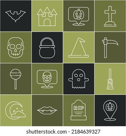 Set line Pumpkin, Witches broom, Scythe, Halloween witch cauldron, Skull, Flying bat and hat icon. Vector