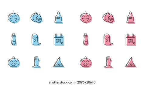 Set line Pumpkin, Zombie hand, Witch hat, Ghost, Calendar with Halloween date 31 october, Bottle potion and skull icon. Vector