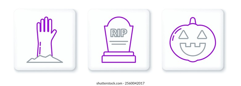 Set line Pumpkin, Zombie hand and Tombstone with RIP icon. Vector