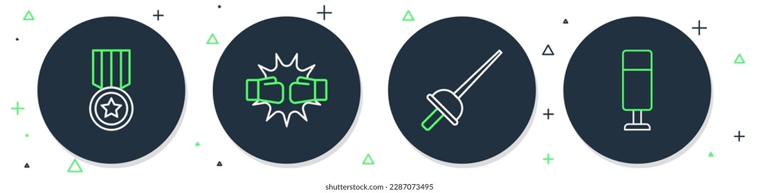 Set line Punch in boxing gloves, Fencing, Medal and Punching bag icon. Vector
