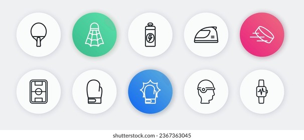 Set line Punch in boxing gloves, Hockey puck, Football field, Baseball helmet, Racing, Fitness shaker, Smart watch with heart and Boxing icon. Vector