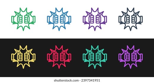 Set line Punch in boxing gloves icon isolated on black and white background. Boxing gloves hitting together with explosive.  Vector