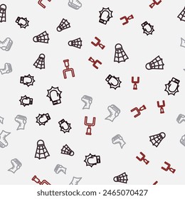 Set line Punch in boxing gloves, Badminton shuttlecock, Skates and American football goal post on seamless pattern. Vector