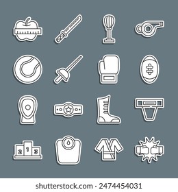 Set line Punch in Boxhandschuhe, Leisten-Schutz, American Football, Boxsack, Fechten, Tennis, Apfel und Maßband und Boxsymbol. Vektorgrafik