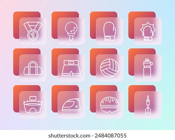 Set line Punch in boxing gloves, Racing helmet, Volleyball ball, Bicycle, Boxing short, Medal and Golf on tee icon. Vector