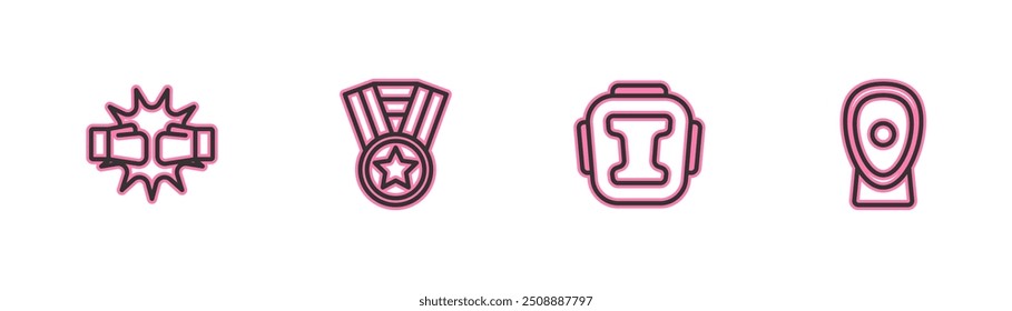 Set line Punch en guantes de boxeo, casco de boxeo, medalla y patas de entrenamiento icono. Vector