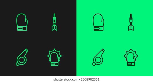 Set Linie Punch in Boxhandschuhen, Pfeife, Boxen und Dart Pfeilsymbol. Vektorgrafik