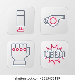 Set line Punch in boxing gloves, MMA, Whistle and Punching bag icon. Vector