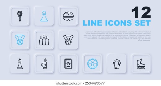 Set line Punch in boxing gloves, Roller skate, Bowling pin, Soccer football ball, Medal, Golf bag with clubs, Chess and Football field icon. Vector