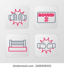 Set line Punch in boxing gloves, Boxing ring, board and  icon. Vector