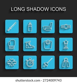 Set-Linie Punch in Boxhandschuhen, Stopwatch, japanische Katana, Fencing, Sport Expander, Schuhe, Award-Tasse und Badezimmer Waage Symbol. Vektorgrafik