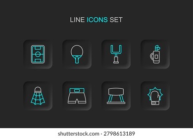 Set line Punch in boxing gloves, Pommel horse, Boxing short, Badminton shuttlecock, Golf bag with clubs, American football goal post, Racket and Football field icon. Vector