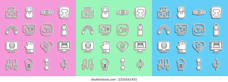Set line Punching bag, Boxing ring, Fitness shaker, belt, glove, Mouth guard boxer, Sport mechanical scoreboard and  icon. Vector