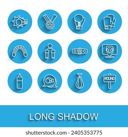 Set line Punching bag, Boxing glove, boxing, ring board, Jump rope, helmet and belt icon. Vector