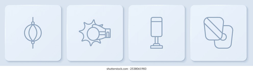 Set line Punching bag, boxing glove and Boxing training paws. White square button. Vector