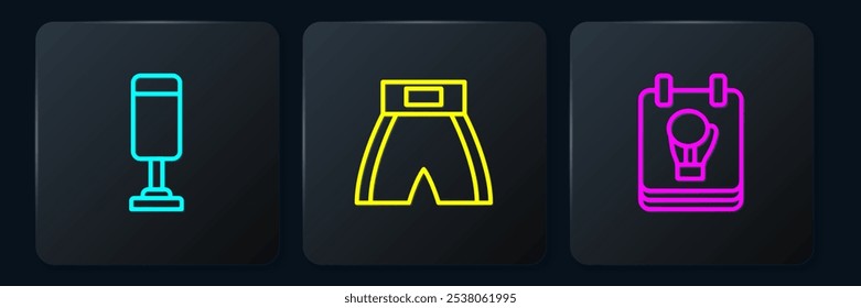 Set line Punching bag, Boxing glove and short. Black square button. Vector