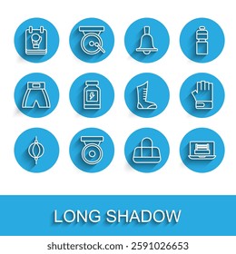Set line Punching bag, Boxing gong, glove, Sport, ring, Energy drink, MMA and boxing shoes icon. Vector