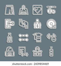 Set line Punching bag, Dumbbell, Weight plate, Heart rate, Socks, Fitness app, Short or pants and Bodybuilder icon. Vector