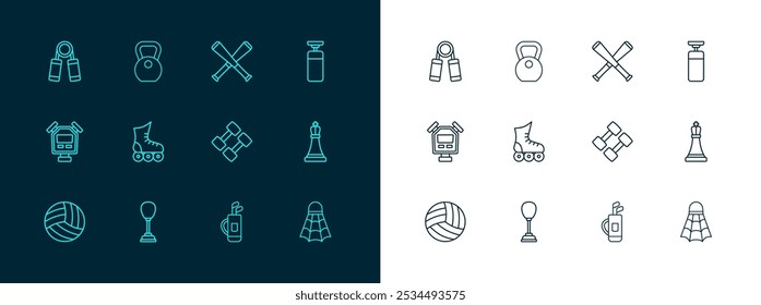 Set line Punching bag, Dumbbell, Golf with clubs, Roller skate, Crossed baseball bat, Sport expander and Weight icon. Vector