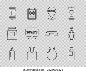 Set línea saco de boxeo, agitador de la aptitud, gimnasio de la Locación, camiseta sin mangas, mancuerna, Kettlebell e icono. Vector