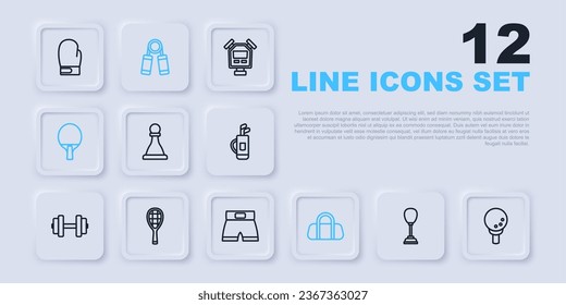 Set line Punching bag, Golf ball on tee, Chess, Sport, Racket, Tennis racket, expander and Boxing short icon. Vector