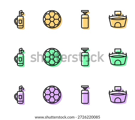 Set line Punching bag, Golf with clubs, Soccer football ball and Stadium icon. Vector
