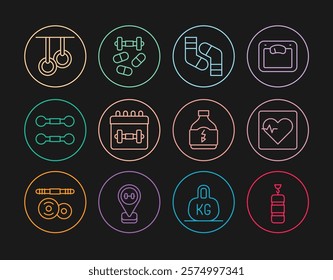 Set line Punching bag, Heart rate, Socks, Calendar fitness, Dumbbell, Gymnastic rings, Sports nutrition and doping with dumbbell icon. Vector