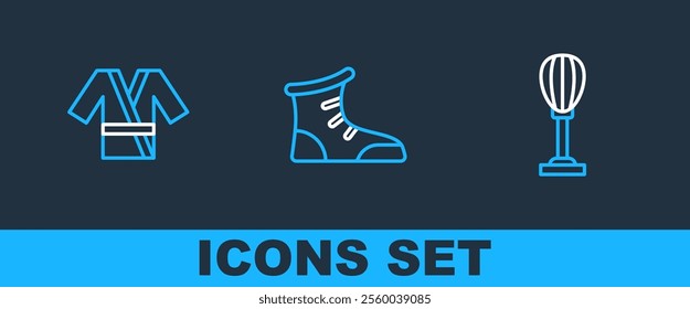 Set line Punching bag, Japanese costume Kimono and Sport boxing shoes icon. Vector