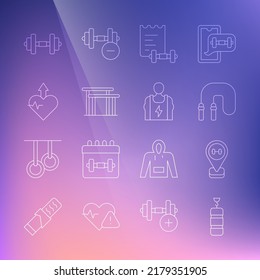 Set line Punching bag, Location gym, Jump rope, Sport training program, Uneven bars, Heartbeat increase, Dumbbell and Bodybuilder icon. Vector