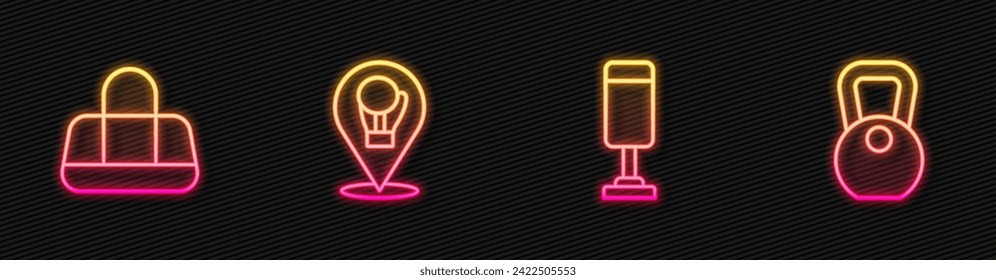 Set line Punching bag, Sport, Boxing glove and Weight. Glowing neon icon. Vector