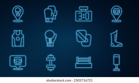 Set line Punching bag, Sport boxing shoes, mechanical scoreboard, Boxing glove, jersey and t-shirt, training paws and  icon. Vector