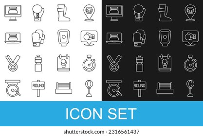 Set line Punching bag, Stopwatch, Boxing glove, Sport boxing shoes, ring,  and training paws icon. Vector