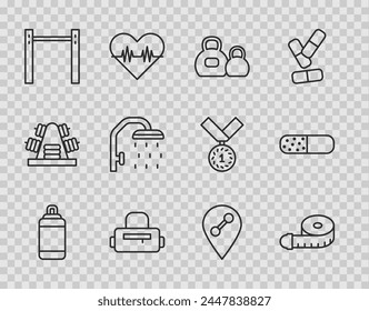 Set line Punching bag, Tape measure, Kettlebell, Sport, Horizontal bar, Shower head, Location gym and Vitamin pill icon. Vector