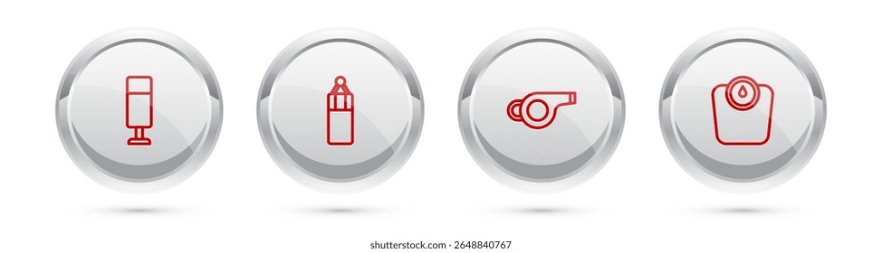 Set line Punching bag, , Whistle and Bathroom scales. Silver circle button. Vector