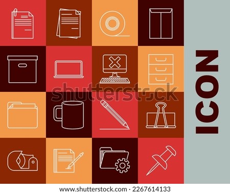 Set line Push pin, Binder clip, Drawer with documents, Scotch, Laptop, Carton cardboard box, File and paper and Computer keyboard mark icon. Vector