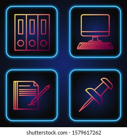 Set line Push pin, Blank notebook and pen, Office folders with papers and documents and Computer monitor with keyboard. Gradient color icons. Vector