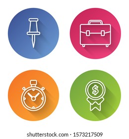 Set line Push pin, Briefcase, Stopwatch and Reward for good work. Color circle button. Vector