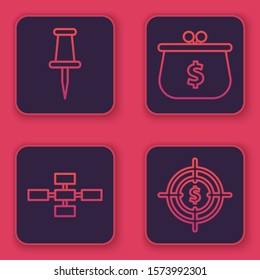 Set line Push pin, Business hierarchy organogram chart infographics, Wallet with with dollar symbol and Target with dollar symbol. Blue square button. Vector