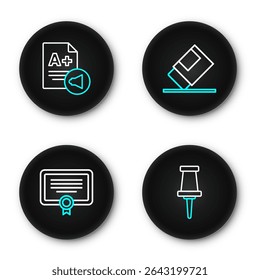 Definir linha Push pin, Modelo de certificado, Borracha ou borracha e folha de exame com A ícone de mais grau. Vetor