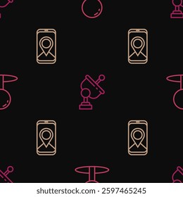 Set line Push pin, City map navigation and Radar on seamless pattern. Vector