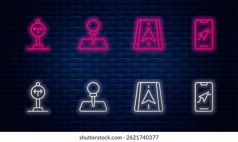 Set line Push pin, City map navigation, Fork the road and . Glowing neon icon on brick wall. Vector