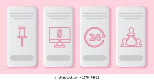 Set line Push pin, Computer monitor with dollar symbol, Clock 24 hours and Project team base. White rectangle button. Vector