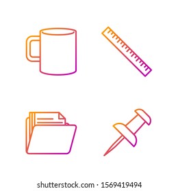 Set line Push pin, Document folder, Coffee cup flat and Ruler. Gradient color icons. Vector